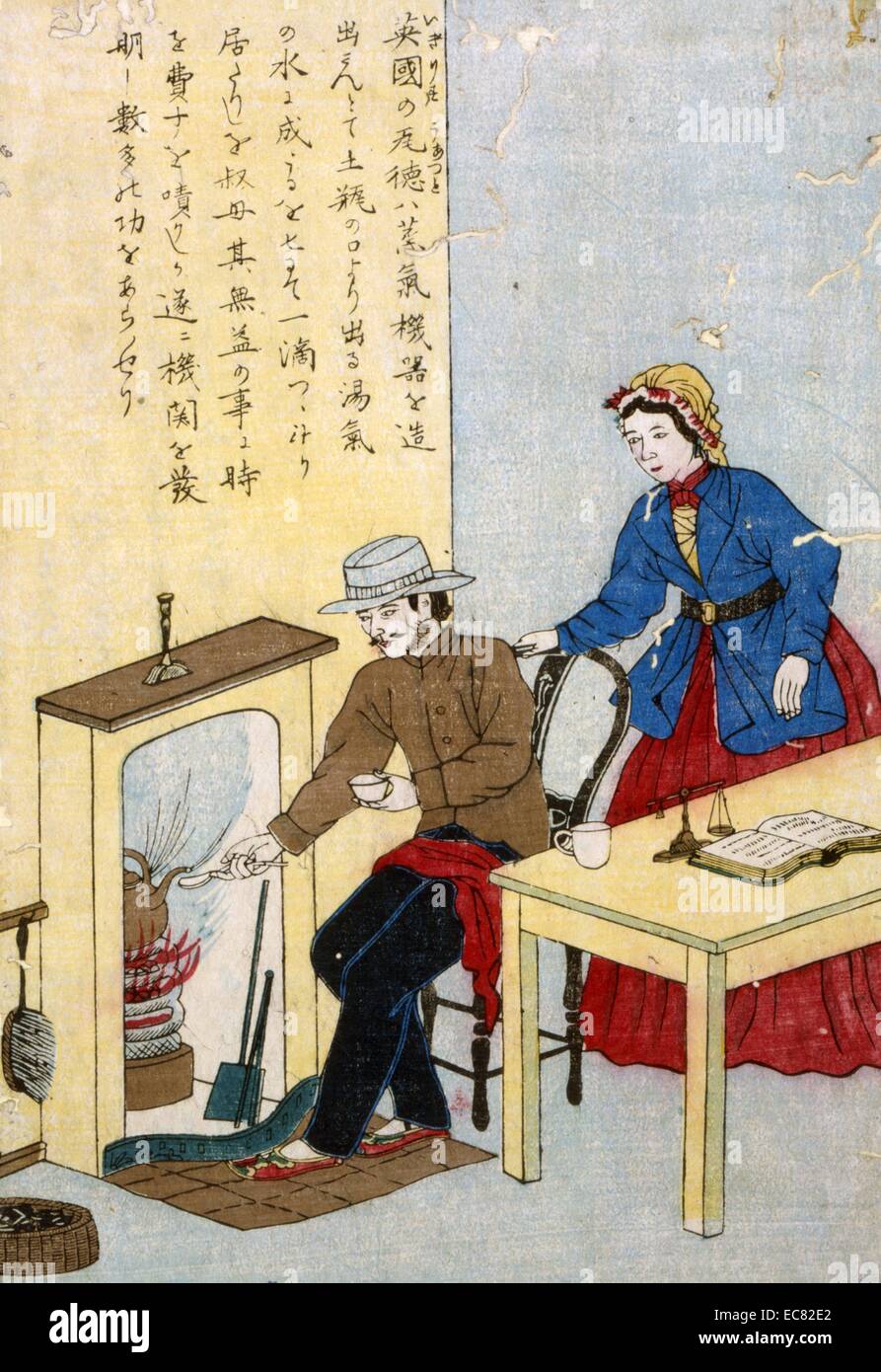 Japanische hand farbige Holzschnitt. Bild zeigt James Watt, dem Erfinder der Dampfmaschine, Sammeln von Dampf aus einem Wasserkocher. Seine Tante steht neben ihm und ihn verspottet für seinen Unsinn. Zwischen 1850 und 1875 erstellt. Stockfoto