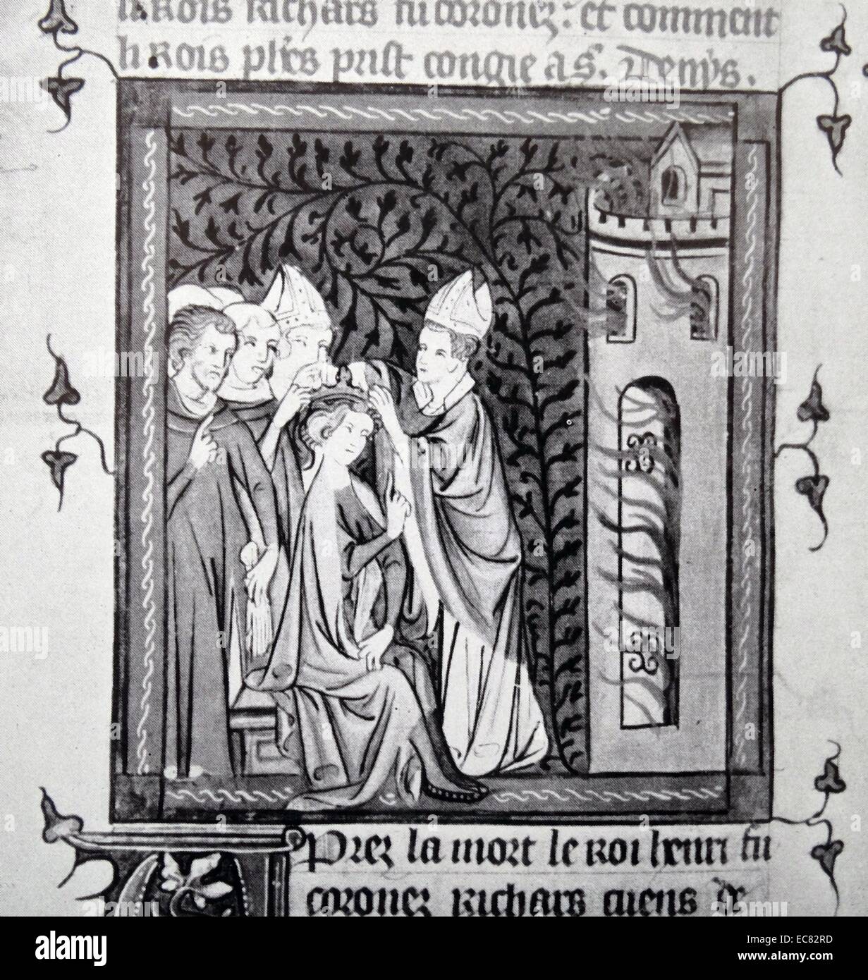 Gravieren von König Richard I. der Krönung (1157-1199) König von England, Herzog der Normandie, Herzog von Aquitanien, Herzog der Gascogne, Herr von Zypern, Graf von Poitiers, Graf von Anjou, Graf von Maine, der Graf von Nantes, und Overlord der Bretagne. Er ist dargestellt, aus dem Heiligen Land per Schiff. Vom 12. Jahrhundert Stockfoto