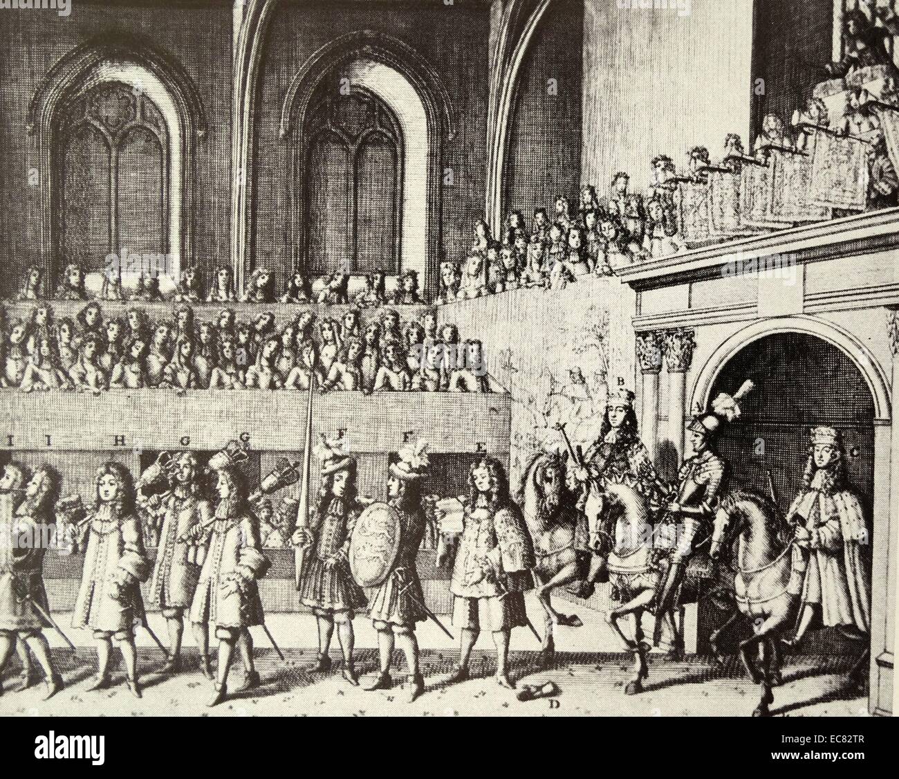 Gravur der Krönungsprozession von König James II. (1633-1701), König von England und Irland als James II. und König von Schottland als James VII. Vom 17. Jahrhundert Stockfoto