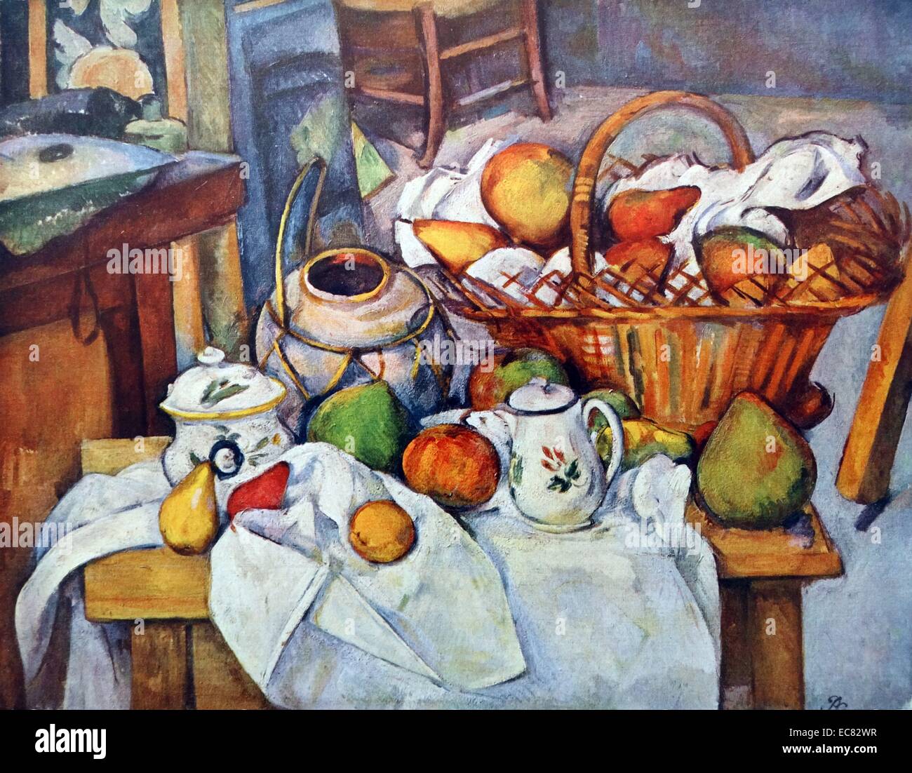 Stillleben mit Obstkorb vom französischen Künstler Paul Cézanne (1839-1906) und post-impressionistischen Malers. Datiert 1886 Stockfoto