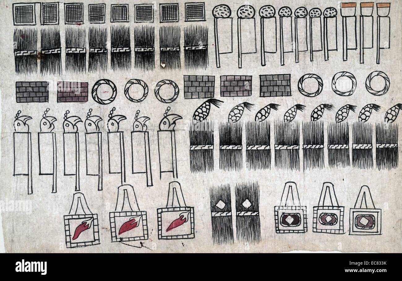 Die Huexotzinco Codex. kolonialzeit Nahua bildhaften Handschrift, die man zusammenfassend als Aztekische Codices bekannt. Es ist Teil des Zeugnisses in einem rechtlichen Verfahren gegen die Mitglieder der Ersten Audiencia (High Court) in Mexiko, insbesondere seinen Präsidenten, Nuño de Guzmán, zehn Jahre nach der spanischen Eroberung im Jahre 1521. Stockfoto