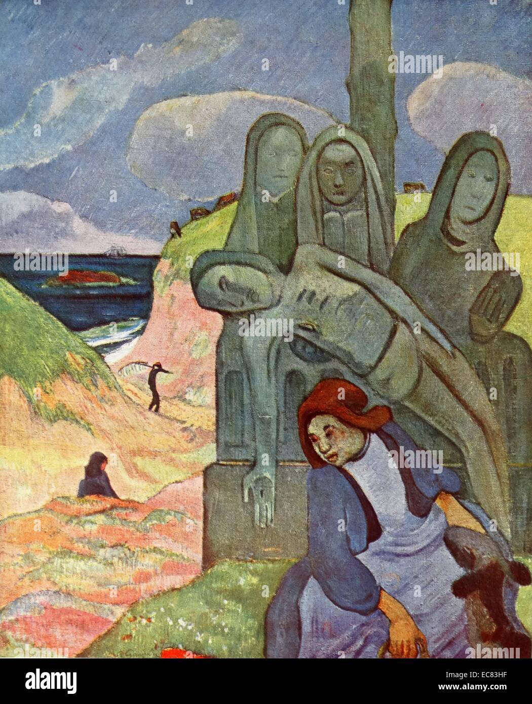 Breton Golgatha (Grün Christus) 1899 von Paul Gauguin 1848 - 1903. Gauguin sah der Kalvarienberg in Nizon, und kopiert die Frauen unter dem Kreuz. Im Vordergrund steht eine lokale Frau mit einem Schaf. Stockfoto