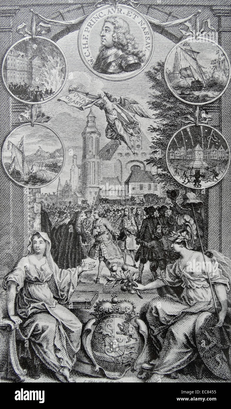 Wilhelm IV.; Prinz von Oranien-nassau (1. September 1711-22. Oktober 1751); geboren Willem Karel Hendrik Friso; war der erste erbliche Stadthalter der Niederlande. William IV Empfang im Innenhof; 15. Mai 1747; Stockfoto