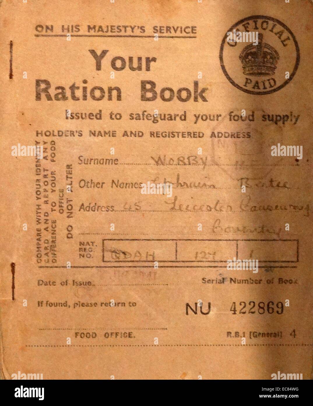 Zweiter Weltkrieg Briten ration Buch 1941 Stockfoto