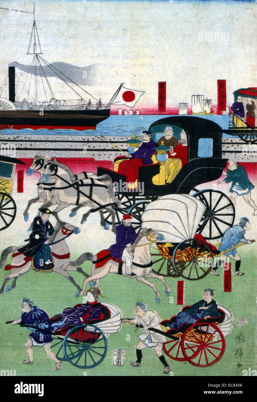 Japanische hand farbige Holzschnitt. Das Bild zeigt die vielbefahrene Straße Szene, in der Nähe des Hafens in Takanawa, Tokio. Im Vordergrund ist eine Anzahl Menschen, Kutschen, Pferde und Rikschas, während im Hintergrund eine Vielzahl von Schiffen Dock am Hafen. Vom c 1871 Stockfoto