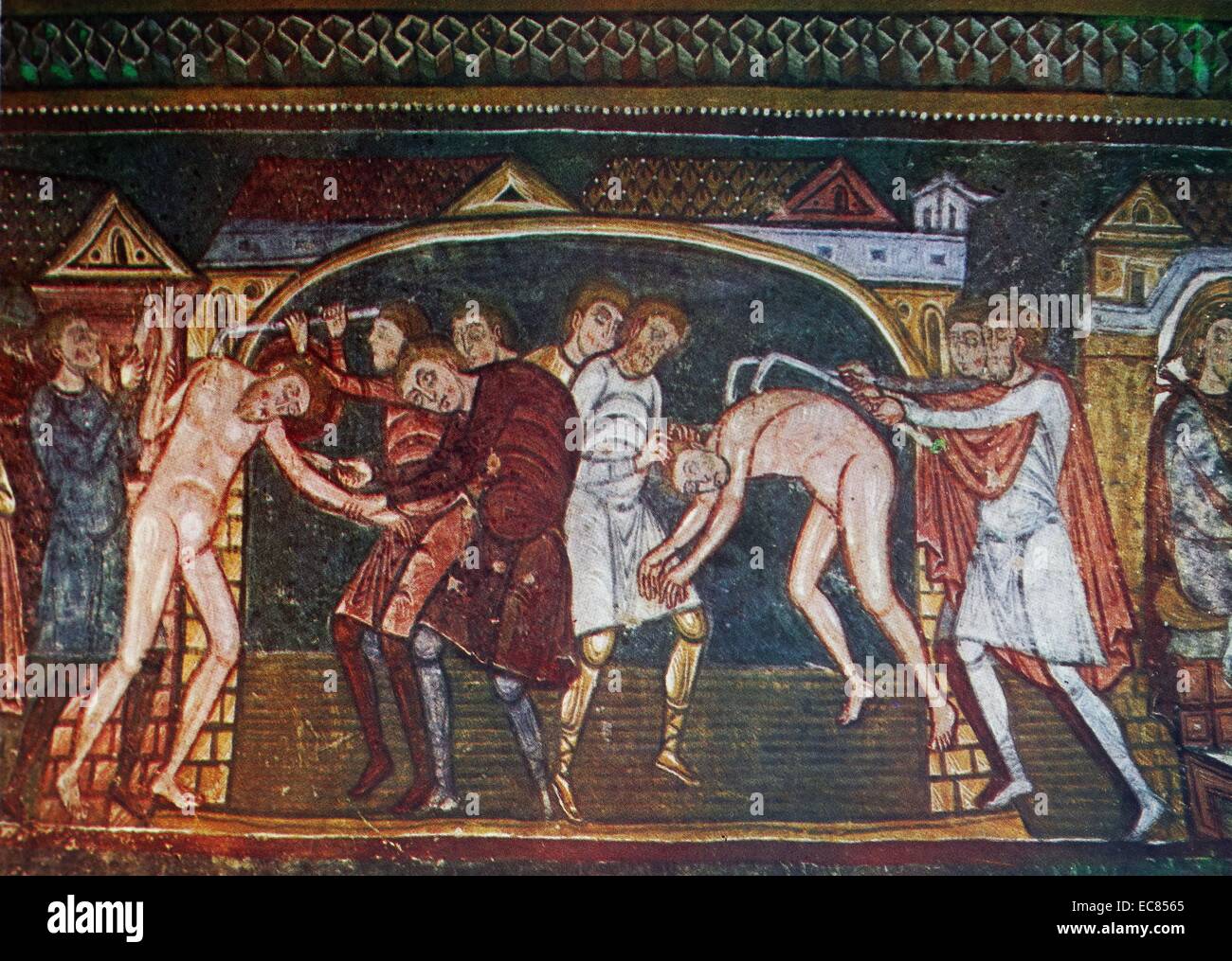 Fresko mit dem Titel "Leben und Martyrium von St. Savin und St. Cyprien. Vom 11. Jahrhundert. Stockfoto