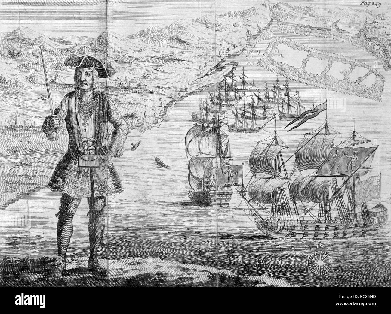 Gravieren von Bartholomew Roberts (1682-1722) mit seinem Schiff gefangen und Handelsschiffe. Gravur von "der Geschichte der Piraten" von Captain Charles Johnson (1659-1731). Vom 18. Jahrhundert Stockfoto