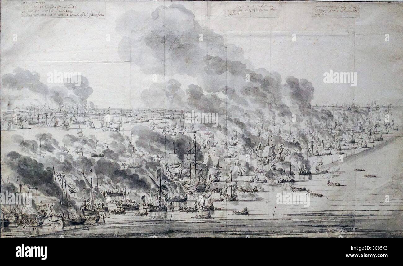 Gravieren von Robert Holmes Einstellung der niederländischen Flotte auf Feuer auf Terschelling. Von Willem van de Velde (1611-1693). Vom 17. Jahrhundert Stockfoto