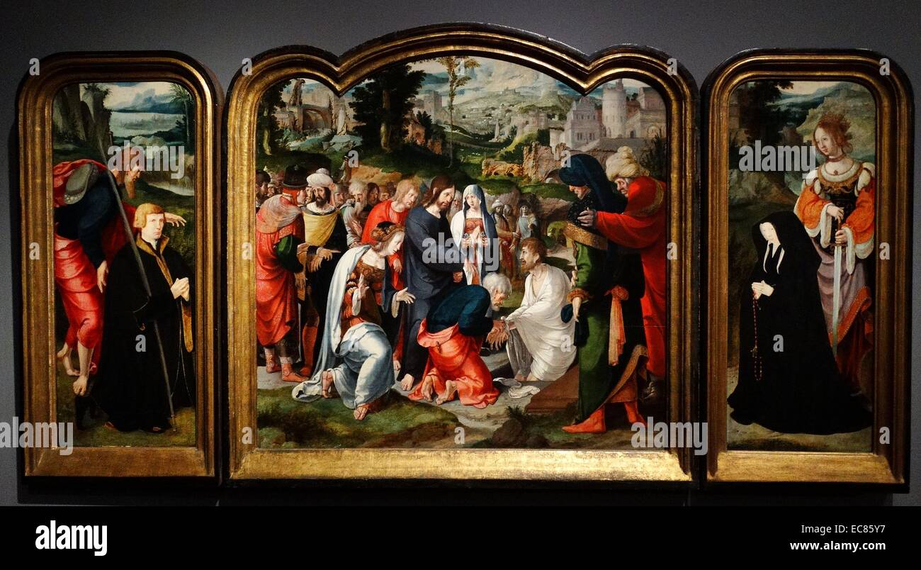 Ein Triptychon mit der Darstellung der Auferweckung des Lazarus. Den Auftrag, ein Ehepaar zu gedenken; auf den Flügeln dargestellt. Gemalt von Aertgen van Leyden (1498-1564). Vom 16. Jahrhundert Stockfoto