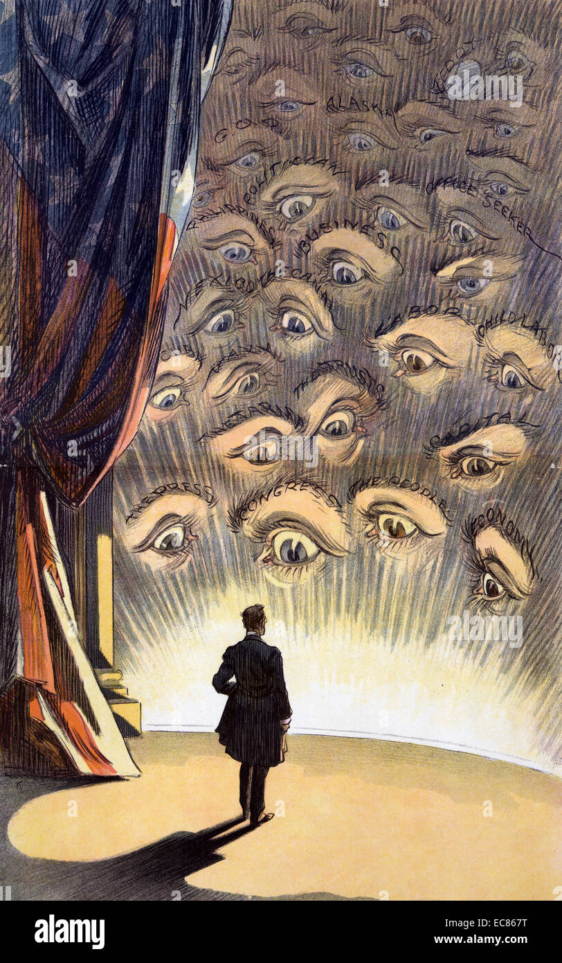 Alle Augen sind auf Sie, Herr Präsident" 1913 Abbildung: US-Präsident Woodrow Wilson auf einer Bühne vor einem Publikum aus den Augen gekennzeichnet: Die Presse; Kongress; die Menschen; Wirtschaft; Der Tarif; Kapital; die Trusts; Kuba; Marine; Arbeit; Kinderarbeit; Mexiko; der Kanal; Philippinen; Geschäfte; Politiker; G.O.P.; Office Sucher; Alaska; Teddy. Stockfoto