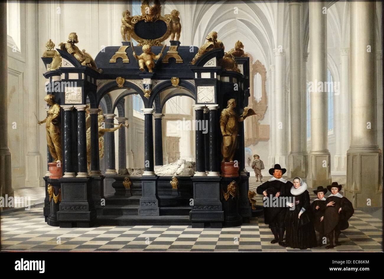 Gemälde der Darstellung einer Familie neben dem Grab von Prinz William, die ich in der Nieuwe Kerk, Delft. Gemalt von Dirck van Delen (1604-1671). Vom 17. Jahrhundert Stockfoto
