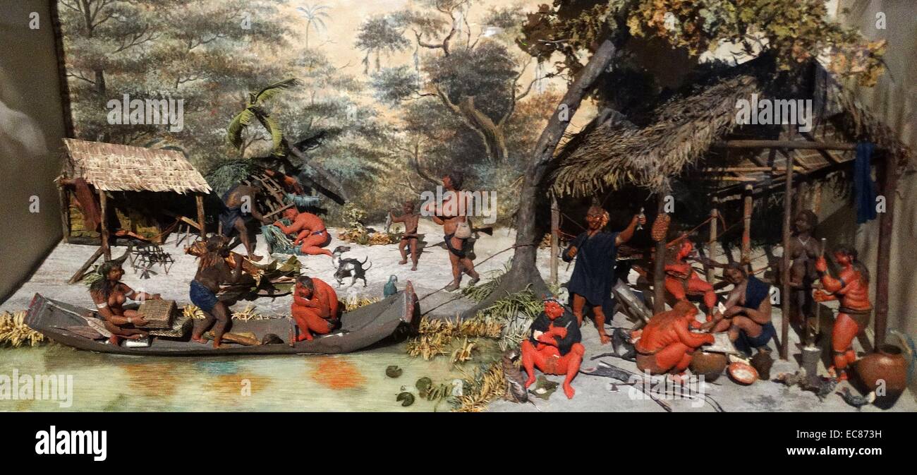 Diorama von Carib Lager. Erstellt von Surinam Künstlers Gerrit Schouten (1779-1839). Datiert 1810 Stockfoto