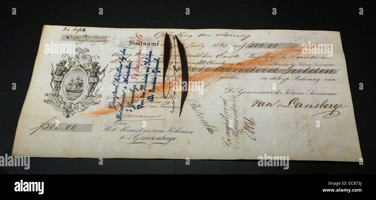 Der Wechsel "Abschaffung der Sklaverei" aus dem niederländischen kolonialen Ministerium. Vom Jahre 1863 Stockfoto