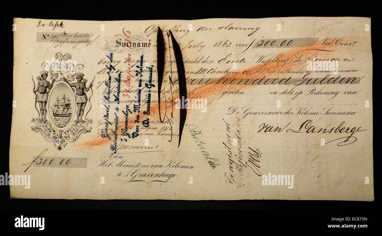 Der Wechsel "Abschaffung der Sklaverei" aus dem niederländischen kolonialen Ministerium. Vom Jahre 1863 Stockfoto