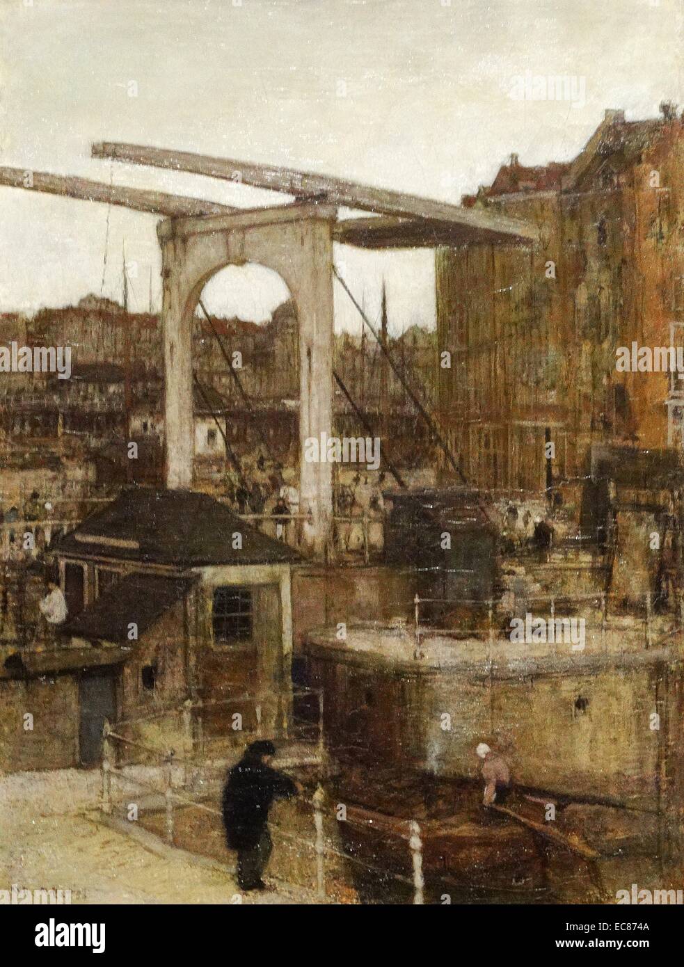 Malerei mit der Überschrift "Ouvenir d'Amsterdam' zeigt die Nieuwe Sluis Haarlemse auf dem Singel. Von Matthijs Maris (1839-1917) niederländischer Maler, Radierer und Lithograph gemalt. Er wurde auch als Matthijs Maris oder Thijs bekannt. Vom 1871 Stockfoto