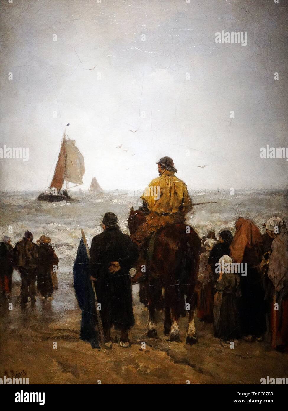 Gemälde mit dem Titel "Ankunft der Boote' von Jacob Maris (1837-1899) niederländischer Maler, der mit seinen Brüdern Willem und Matthijs zu was gekommen ist, wie die Haager Schule der Maler bekannt sein gehörte gemalt. Vom 1884. Stockfoto