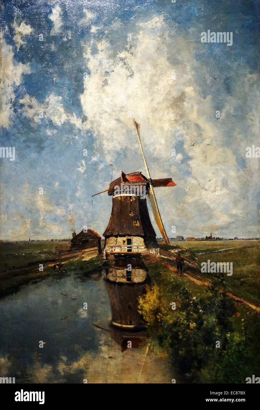 Gemälde mit dem Titel "Im Juli" zeigt eine Windmühle auf einem Polder Wasserstraße. Von Paul Joseph Constantin Gabriël (1828-1903), Maler, Zeichner und Kolorist gemalt, und Kupferstecher, die der Haager Schule gehörte. Vom 1889 Stockfoto