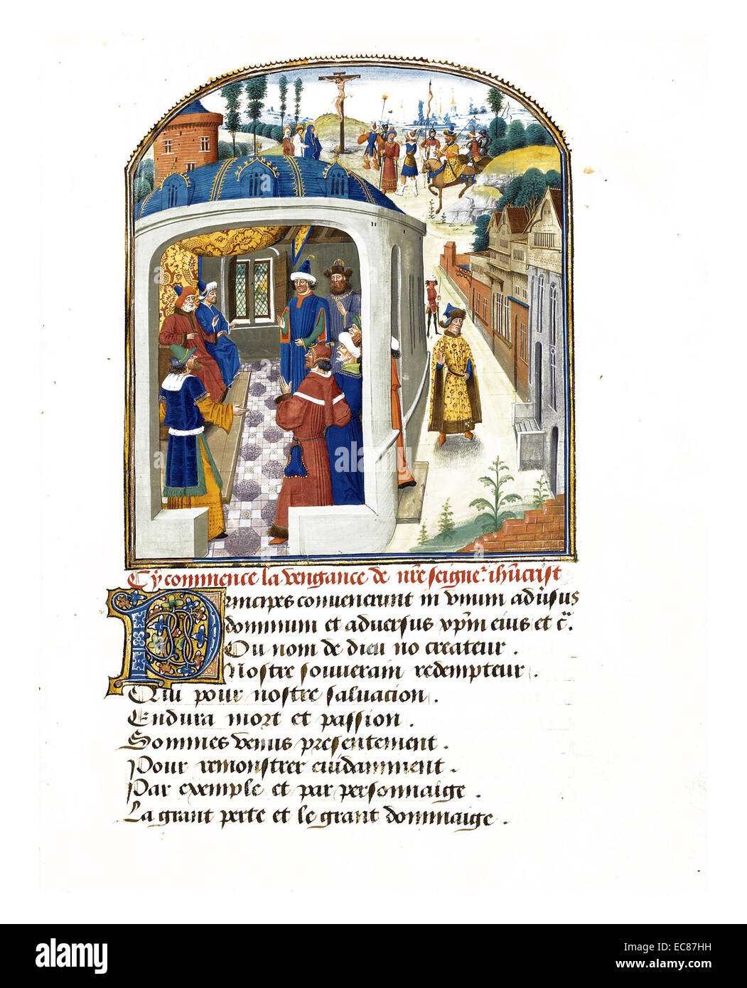 Beleuchtete Manuskript zum 'Mysterium der Rache unsers Herrn Jesus Christus' spielen Geschrieben von Benediktinermönch Eustache Marcade übersetzt. Vom 15. Jahrhundert Stockfoto