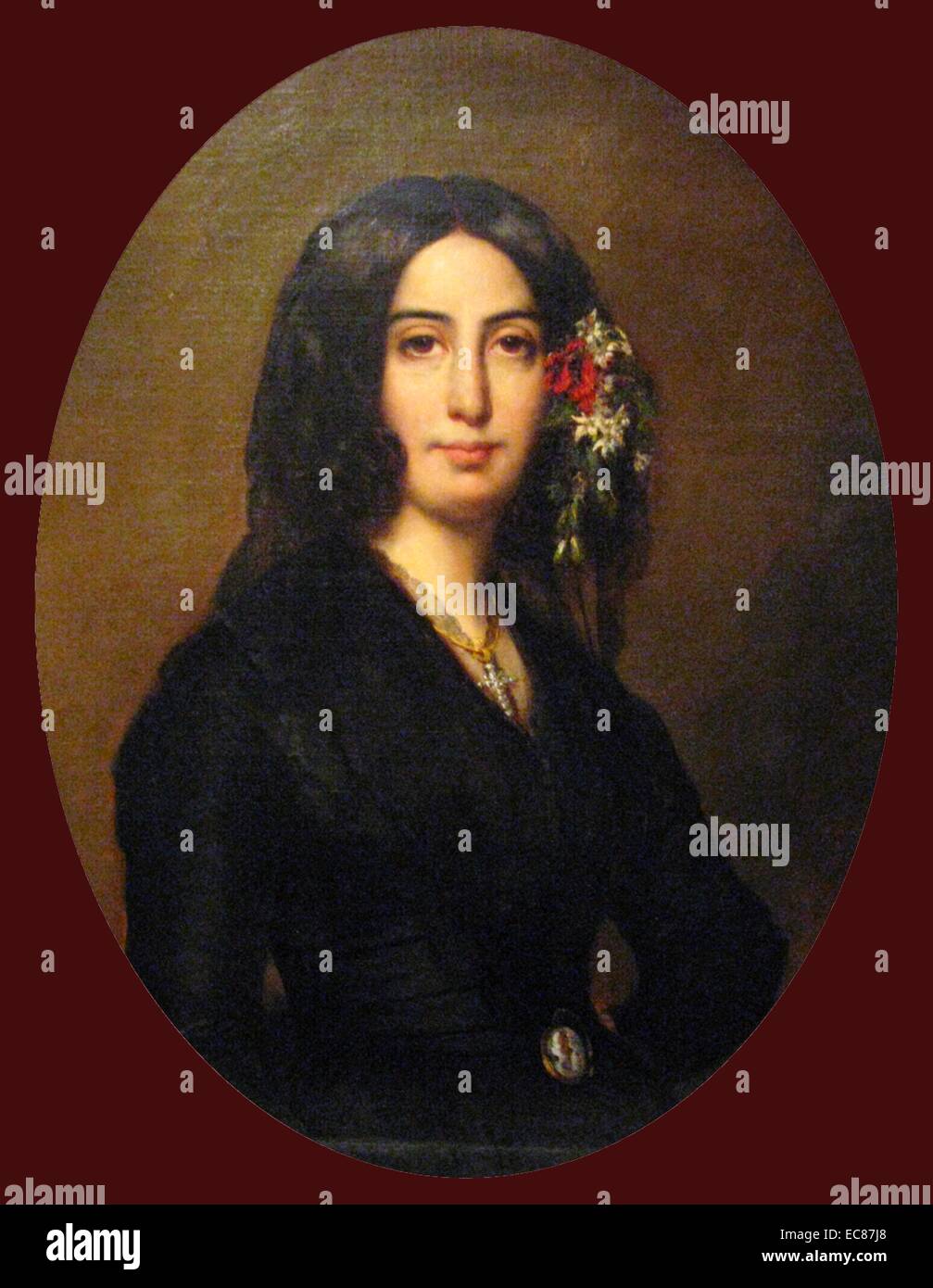 Porträt von George Sand (1804-1876) französische Romancier und Memoirist. Sie ist gleichermaßen gut für Ihre viel publizierte romantischen Angelegenheiten mit einer Reihe von Künstlern, darunter der Pianist Frédéric Chopin und die Schriftstellerin Alfred de Musset bekannt. Von Auguste Charpentier gemalt. Vom 1838 Stockfoto