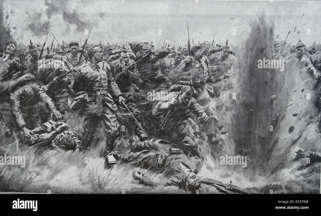 Beispiel für eine groß angelegte deutsche Infanterie Angriff auf britische Positionen im ersten Weltkrieg. Datiert 1914 Stockfoto