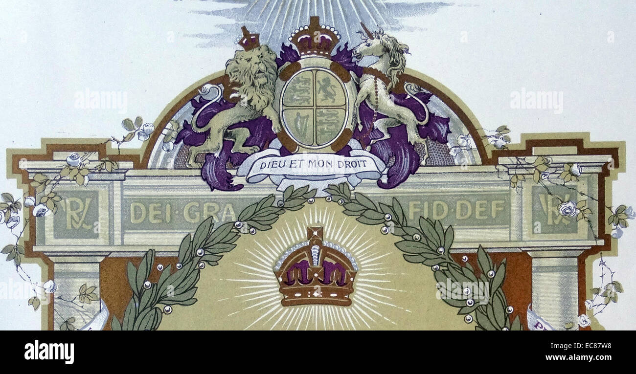 Das königliche Wappen ein Löwe und Einhorn mit dem Text "Dieu et Mon Droit" Motto des britischen Monarchen in England. Datiert 1897 Stockfoto