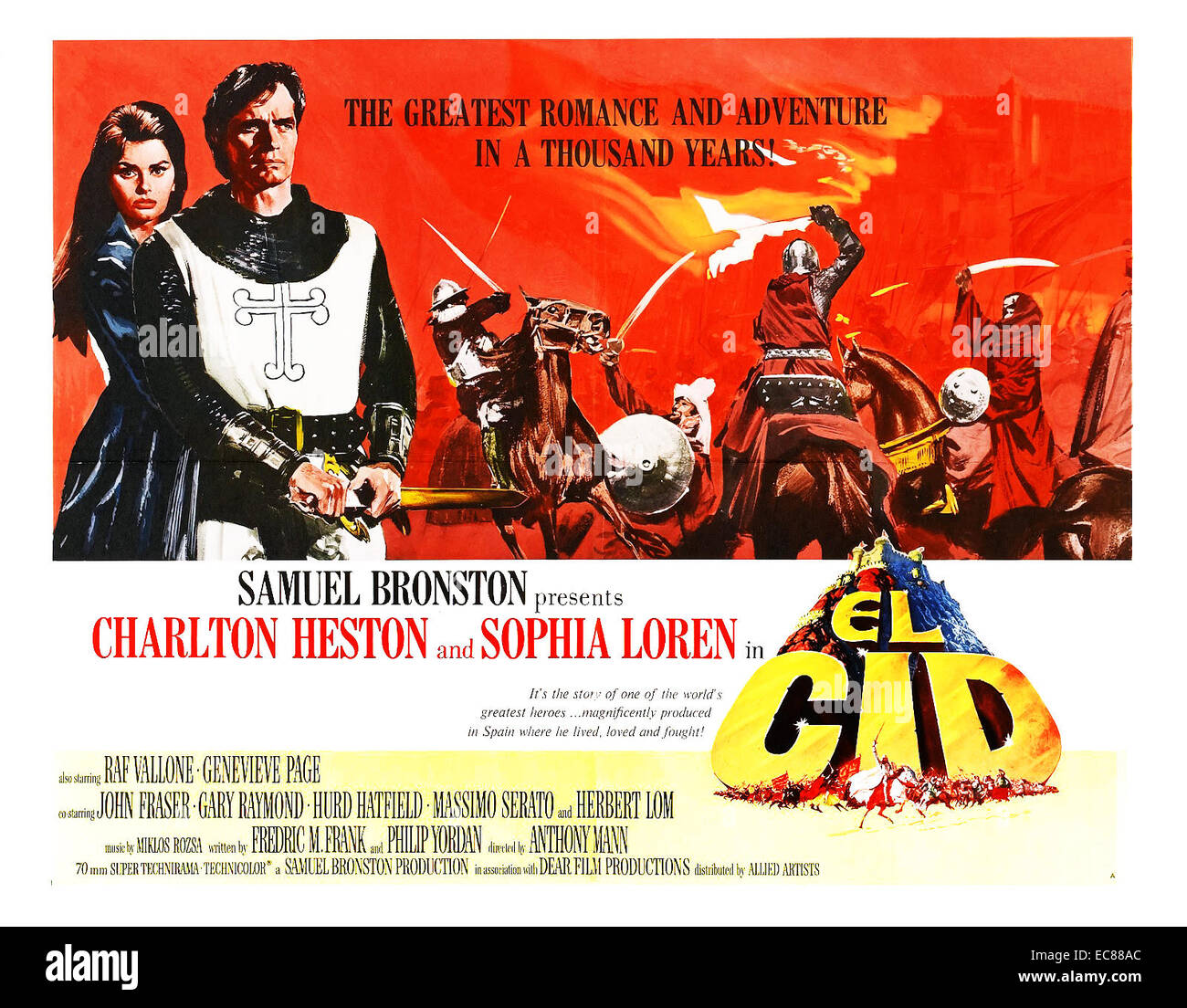 Filmplakat zu 'El Cid' die Geschichte des sagenhaften Spanischen Helden Rodrigo Diaz (a.k.a. El Cid) überwindet eine Familie Vendetta und Gericht Intrige christlichen Spanien gegen die Mauren zu verteidigen. Starrte Charlton Heston, Sophia Loren, Raf Vallone. Vom 1961 Stockfoto