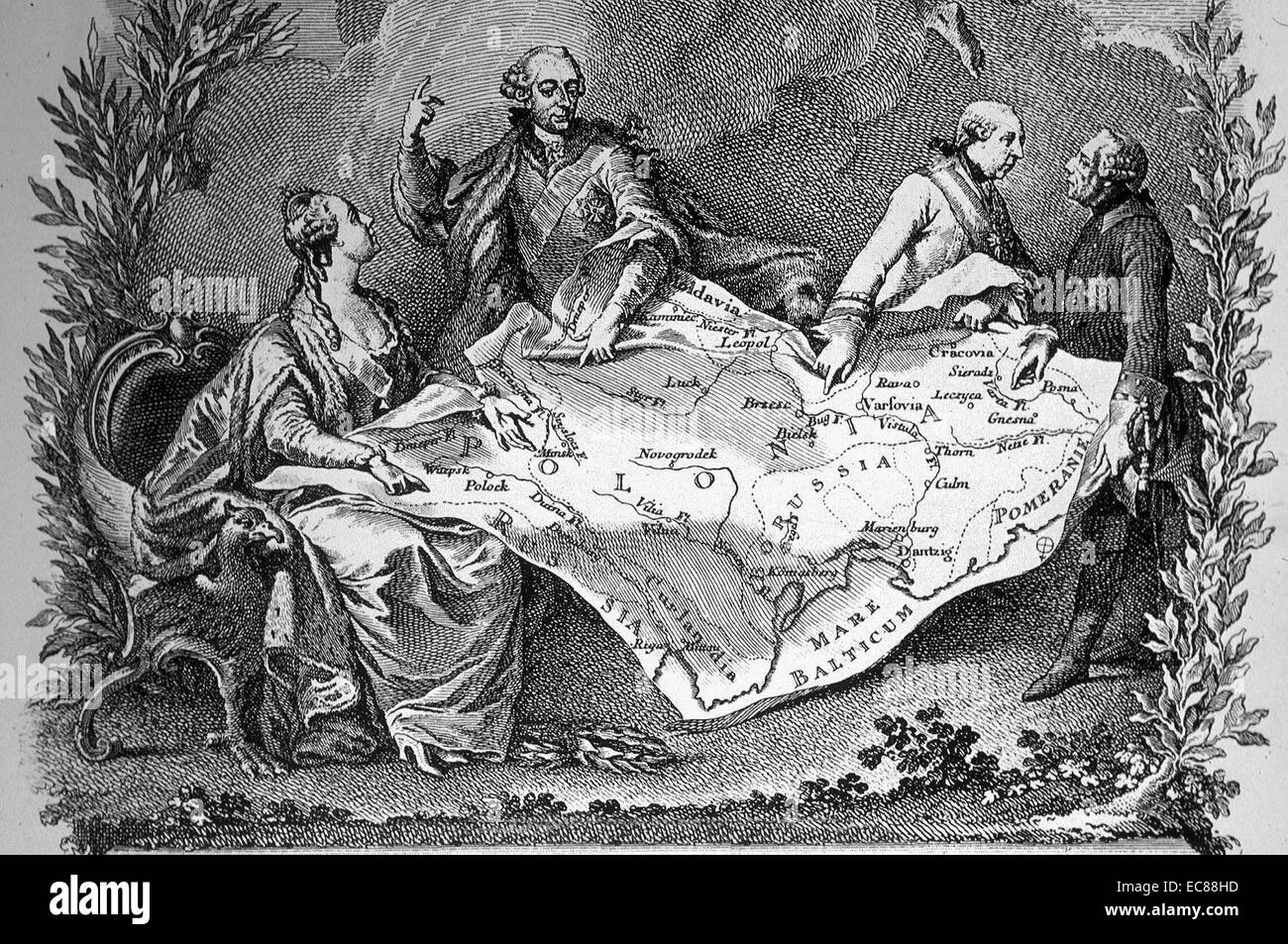 Allegorie der ersten Teilung von Polen, Katharina II. von Russland (links), Joseph II. von Österreich und Friedrich der Große von Preußen (rechts). Die erste Partition der polnisch-litauischen Commonwealth erfolgte im Jahre 1772 als das erste von drei Partitionen, die die Existenz des polnisch-litauischen Commonwealth von 1975 endete. Vom 1795. Stockfoto