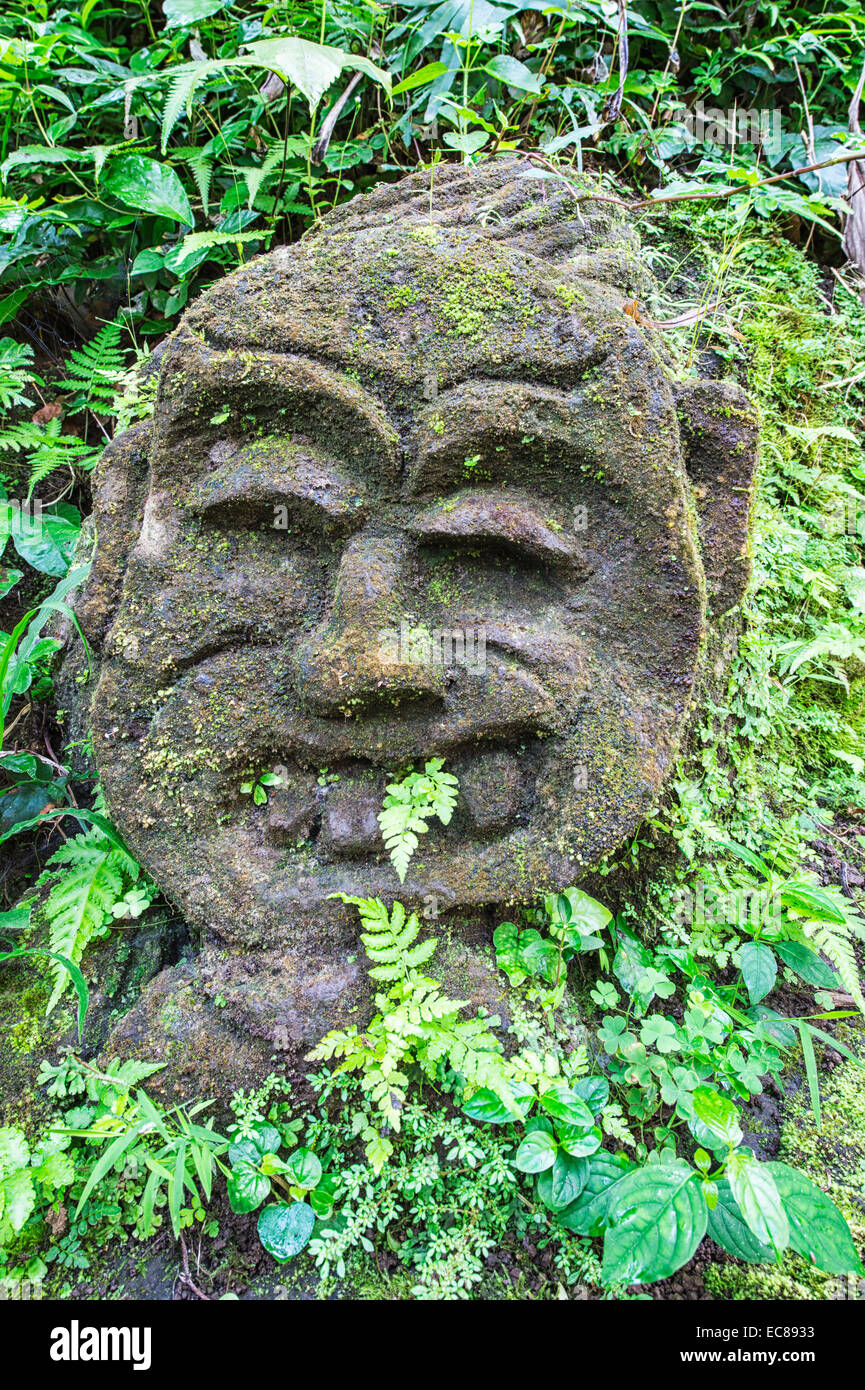 Goa Gajah Elefantenhöhle Komplex, Moos bedeckt Skulpturen im Wald, Bali, Indonesien Stockfoto