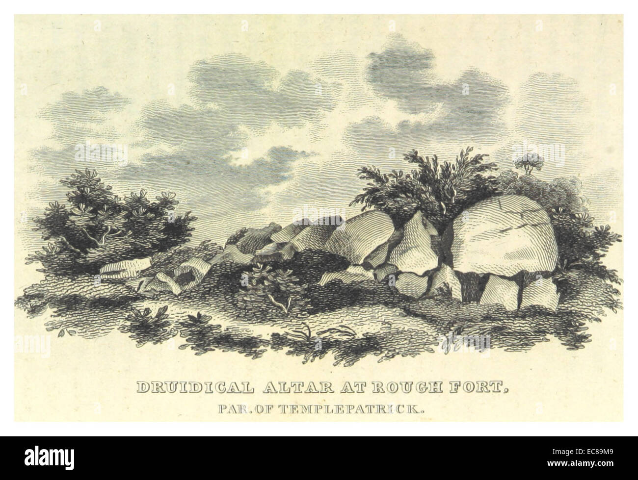 Benn(1823) p301 TEMPLEPATRICK - Druiden ALTAR im rauen FORT Stockfoto