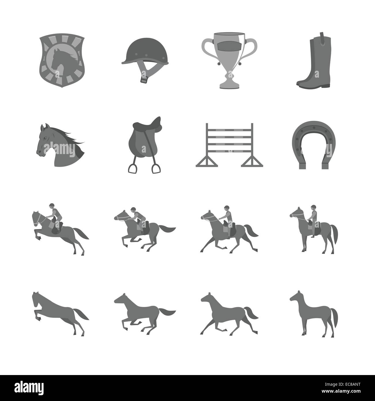 Pferd mit Reiter flache Symbole Tasse Barriere Sattel und Hufeisen isoliert Vektor-illustration Stock Vektor