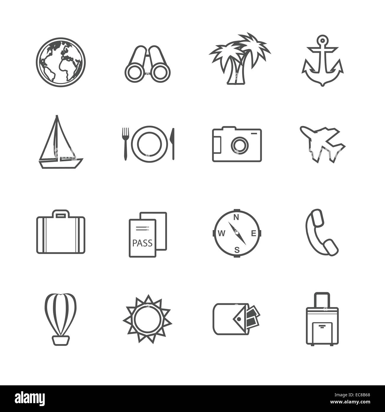 Urlaub Freizeit Piktogramme Reihe von Flugzeug Boot Globus und Tickets isoliert Vektor-illustration Stock Vektor