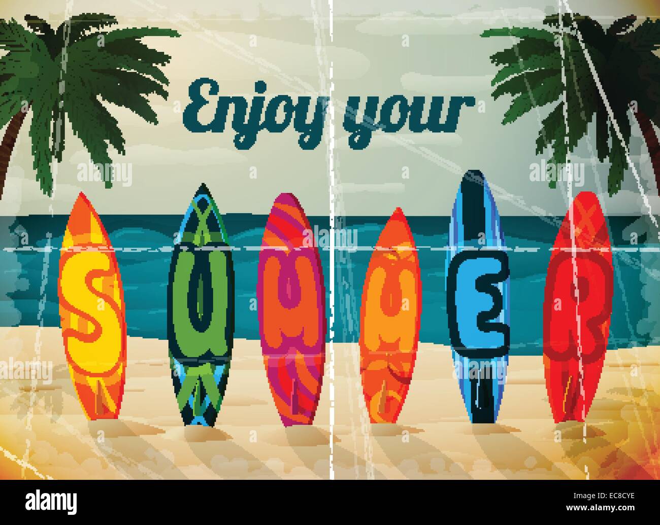 Sommer Urlaub Surfbrett Plakat, tropisches Paradies-Insel-Ozean-Surfen-Vektor-illustration Stock Vektor