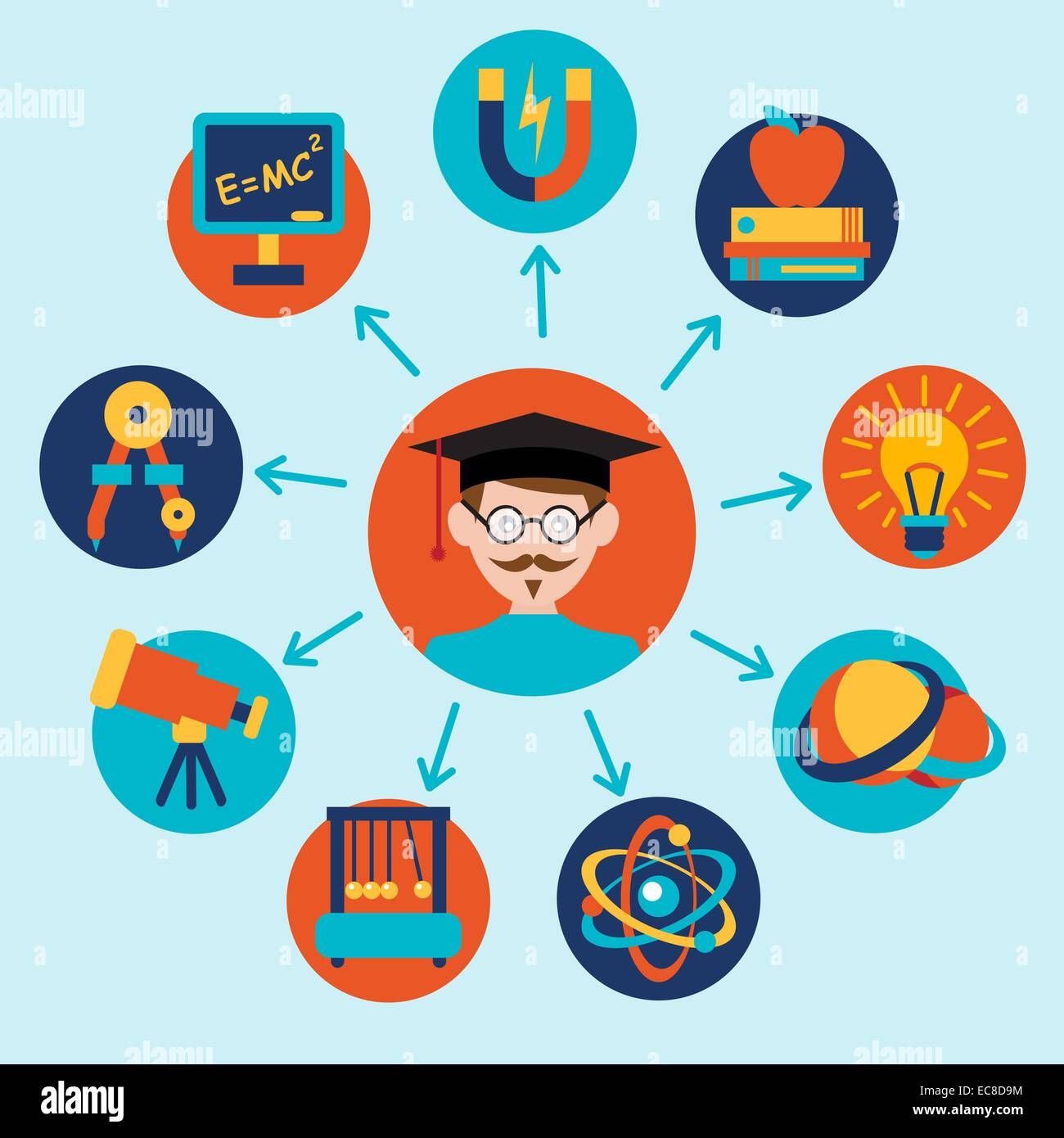 Physik-Wissenschaft Ausrüstung Schule Labor Icons set mit Wissenschaftler isoliert-Vektor-Illustration. Stock Vektor