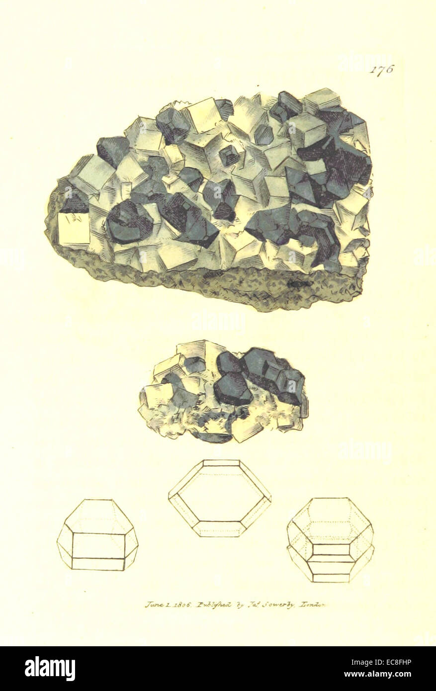 Eine Illustration aus *British Mineralogy Vol.2 (1806)*, die *Plumbum sulfonum*, allgemein bekannt als gelbes Bleierz, darstellt. Das Bild zeigt das Mineral in seiner natürlichen Form als Teil einer Sammlung britischer Mineralien. Stockfoto