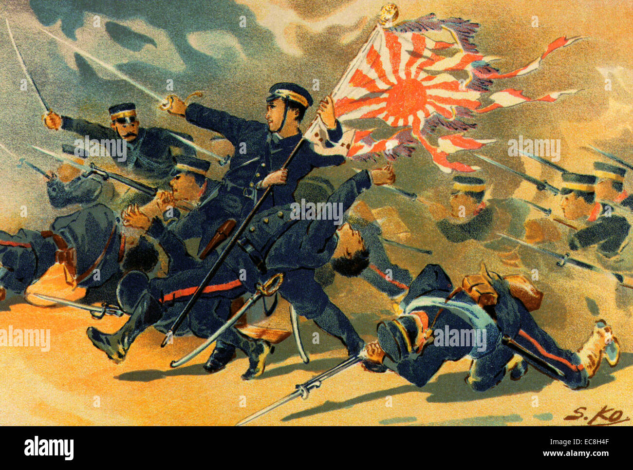 RUSSO-JAPANISCHEN KRIEG 1904-1905. Ein japanische Print zeigt Truppen der 1. Division der kaiserlich japanischen Armee in der Schlacht von Nanshan im Mai 1904 Stockfoto