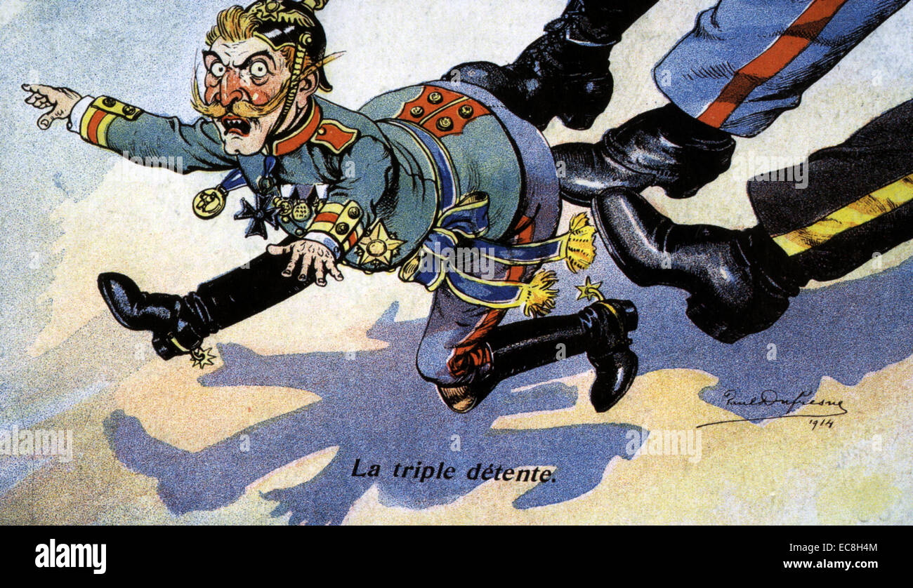 TRIPLE ENTENTE 1907 Französisch Cartoon zeigt Kaiser Wilhelm von Russland, Frankreich und das Königreich Unired getreten Stockfoto