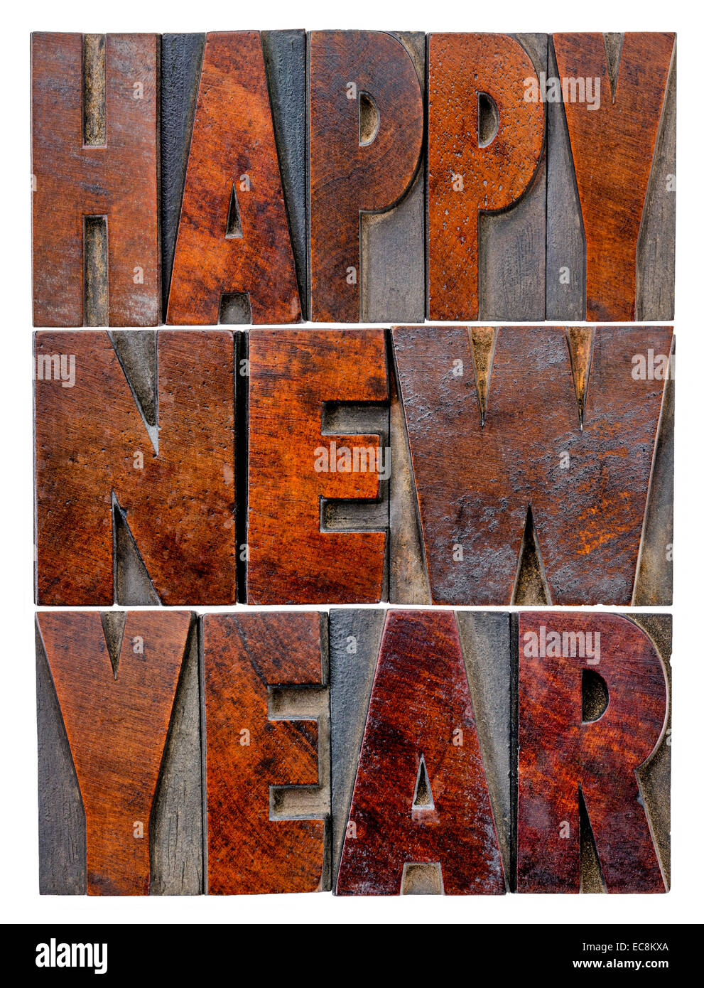 Glückliches Neujahrsgrüße oder Wünsche - eine Zusammenfassung der Wörter in Vintage Buchdruck Holz geben Sie Blöcke mit Tinte patina Stockfoto