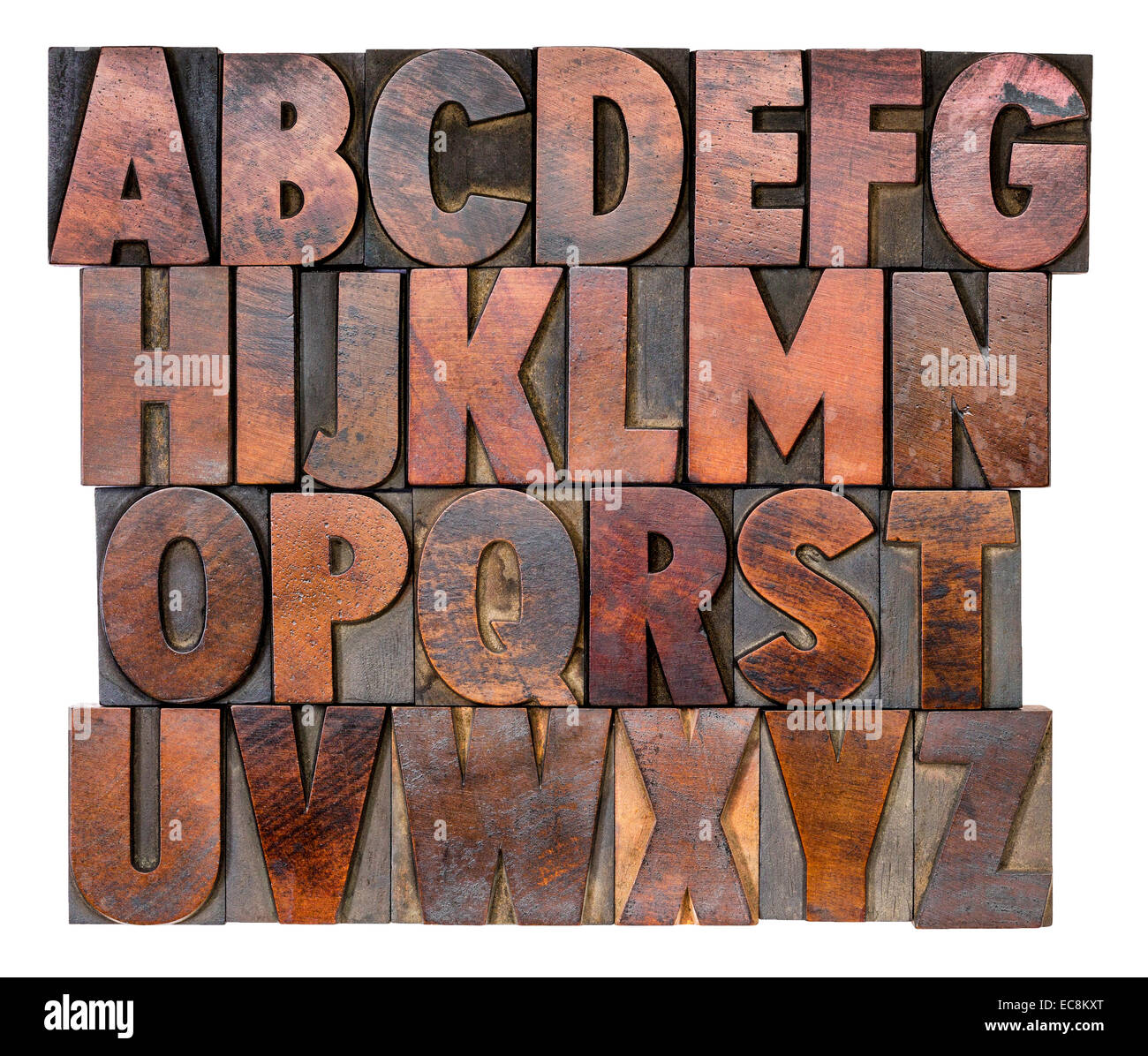 Englische Alphabet im Buchdruck Holz geben Druckstöcken, durch Farbe Farben gebeizt Stockfoto