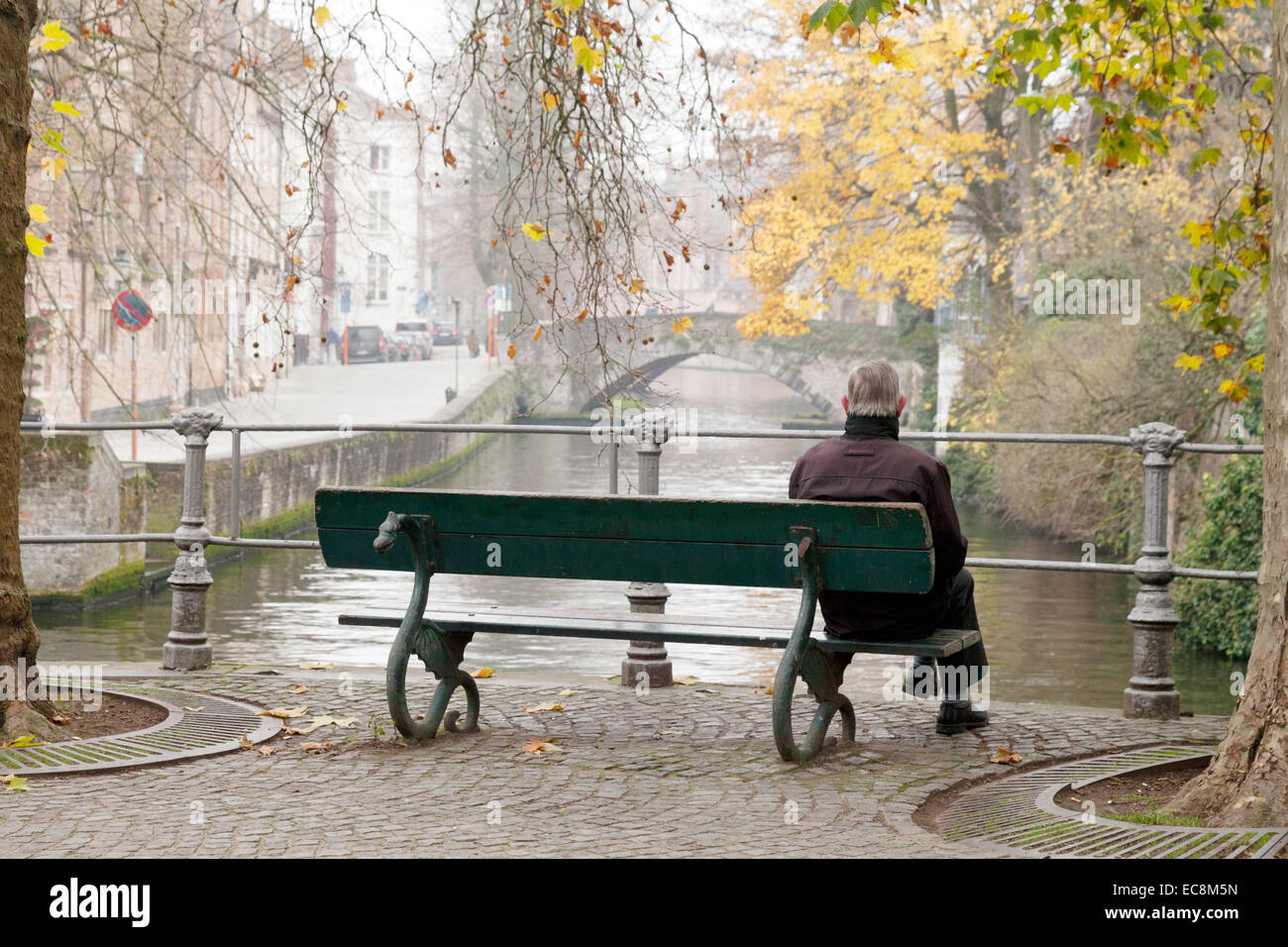 Rückansicht eines alten Mannes sitzen auf einer Bank, Blick auf einen Kanal im Herbst, Brügge, Belgien. Konzept der "Herbst des Lebens" Stockfoto