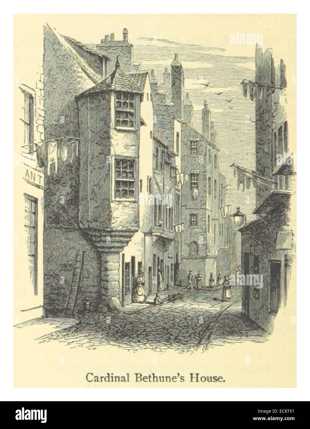 Diese 1869 von Chambers gefertigte Illustration zeigt das Haus von Kardinal Bethune, ein bedeutendes Gebäude im historischen und religiösen Kontext des 19. Jahrhunderts. Das Haus ist in seiner historischen Umgebung dargestellt und spiegelt die Architektur und den Einfluss der Zeit wider. Stockfoto