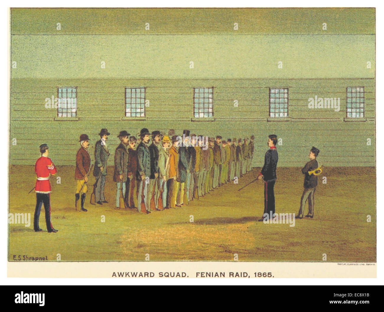 Eine Illustration aus Conants Werk von 1898, die den Fenianischen Razzia von 1865 darstellt. Das Bild bietet eine historische Perspektive auf den irischen nationalistischen Aufstand und die Ereignisse, die zu dieser militärischen Aktion in Kanada in der Mitte des 19. Jahrhunderts führten. Stockfoto