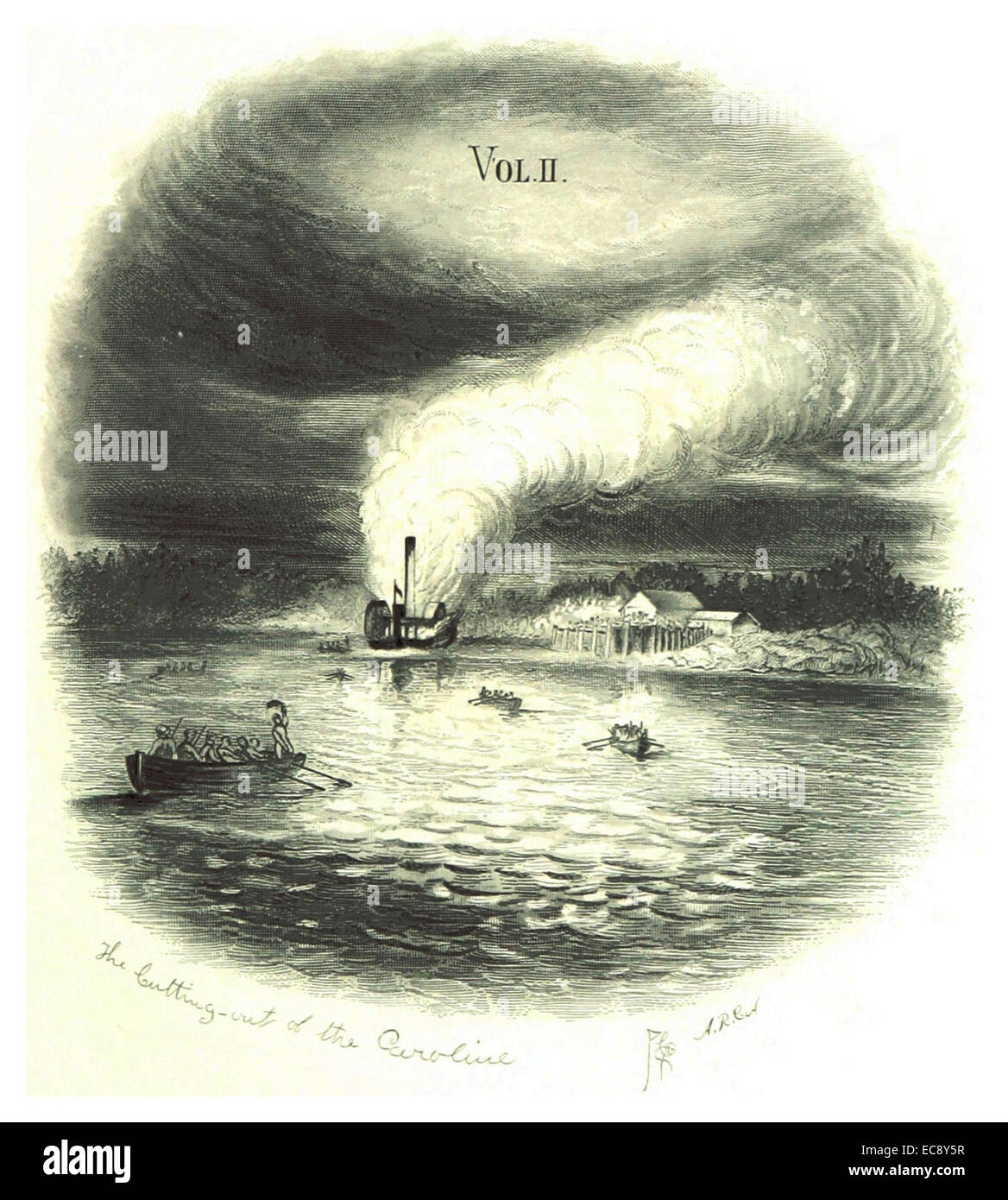 Ein Bericht von Dent aus dem Jahr 1885, der den Vorfall der USS Caroline beschreibt, der während der Caroline-Affäre von britischen Truppen verbrannt wurde, und die diplomatischen Spannungen zwischen den Vereinigten Staaten und Großbritannien im 19. Jahrhundert hervorhebt. Stockfoto
