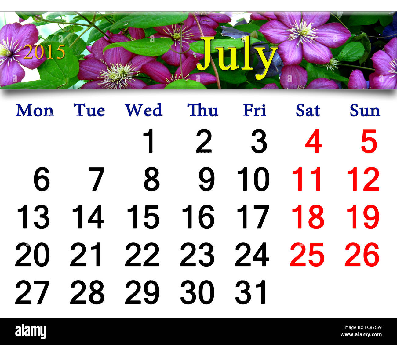 Kalender für Juli 2015 Jahr mit Band der blaue clematis Stockfoto