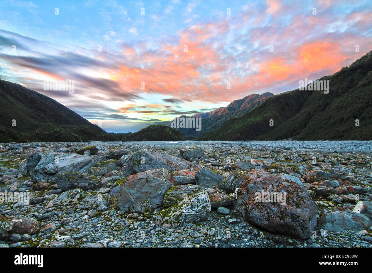 Glazial-Flussbett, Franz Josef Glacier, Neuseeland Stockfoto