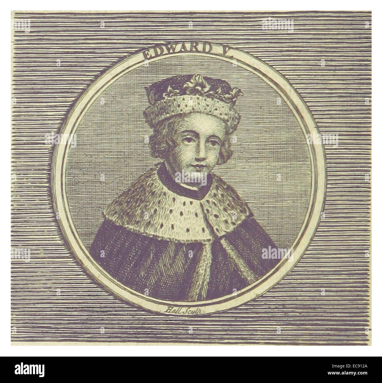 Eine Illustration aus Goldsmiths Werk von 1800, die Eduard V., den jungen englischen König, darstellt, der einer der Prinzen im Tower war. Das Bild spiegelt wahrscheinlich seine Ähnlichkeit in einem historischen Kontext wider und spiegelt die turbulente Zeit der englischen Monarchie wider. Stockfoto