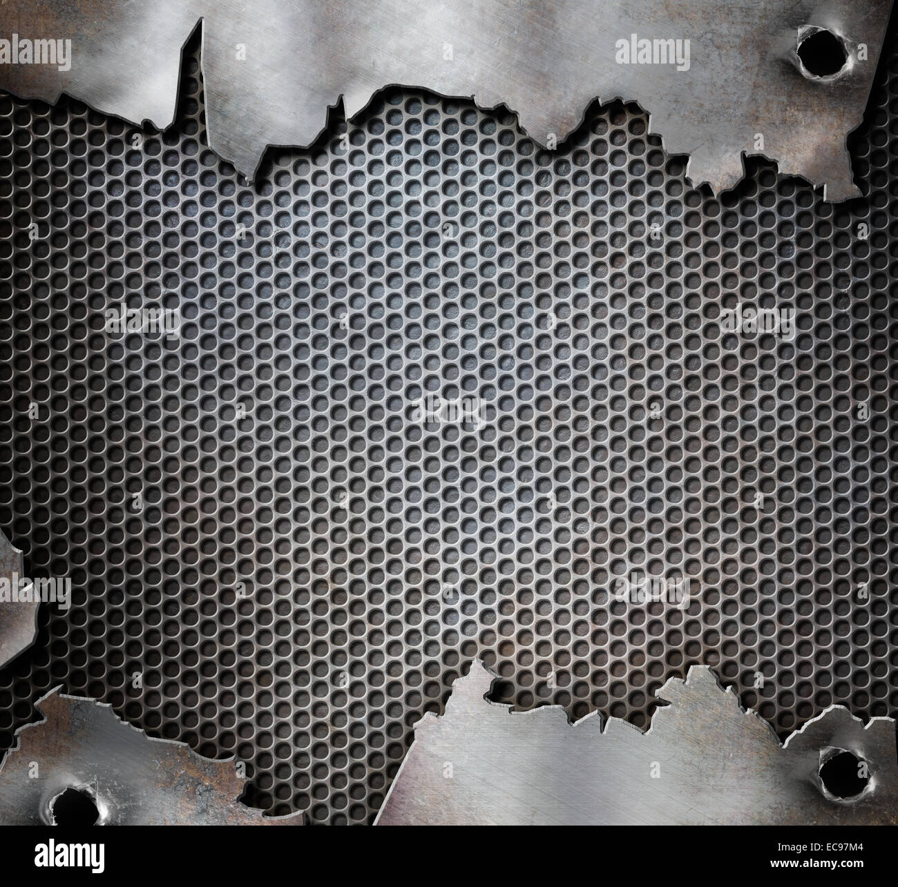 Grunge Metall Hintergrund mit Einschusslöchern Stockfoto