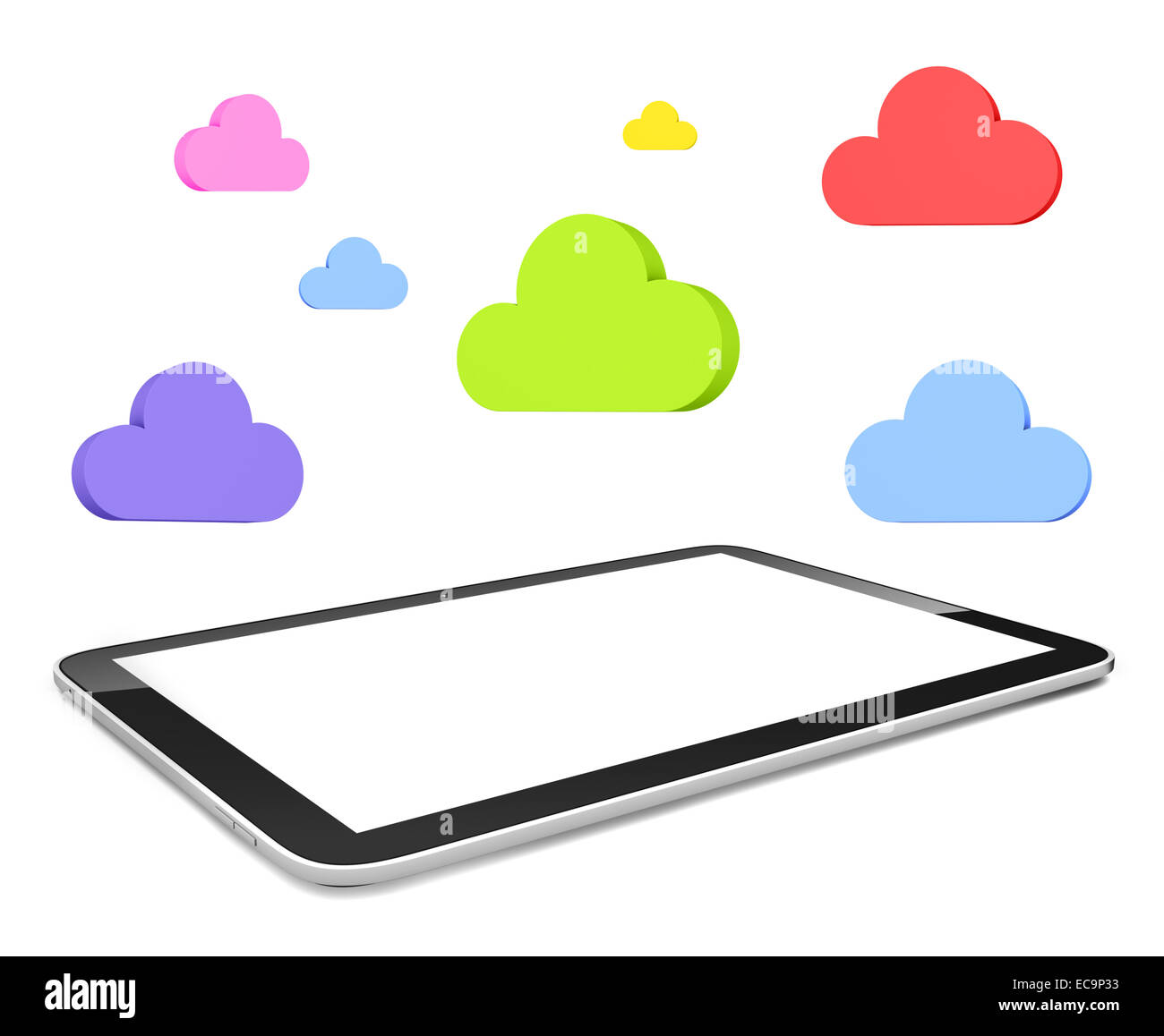 mehrfarbig Wolke Form Sprechblase mit Tablet-PC. Stockfoto
