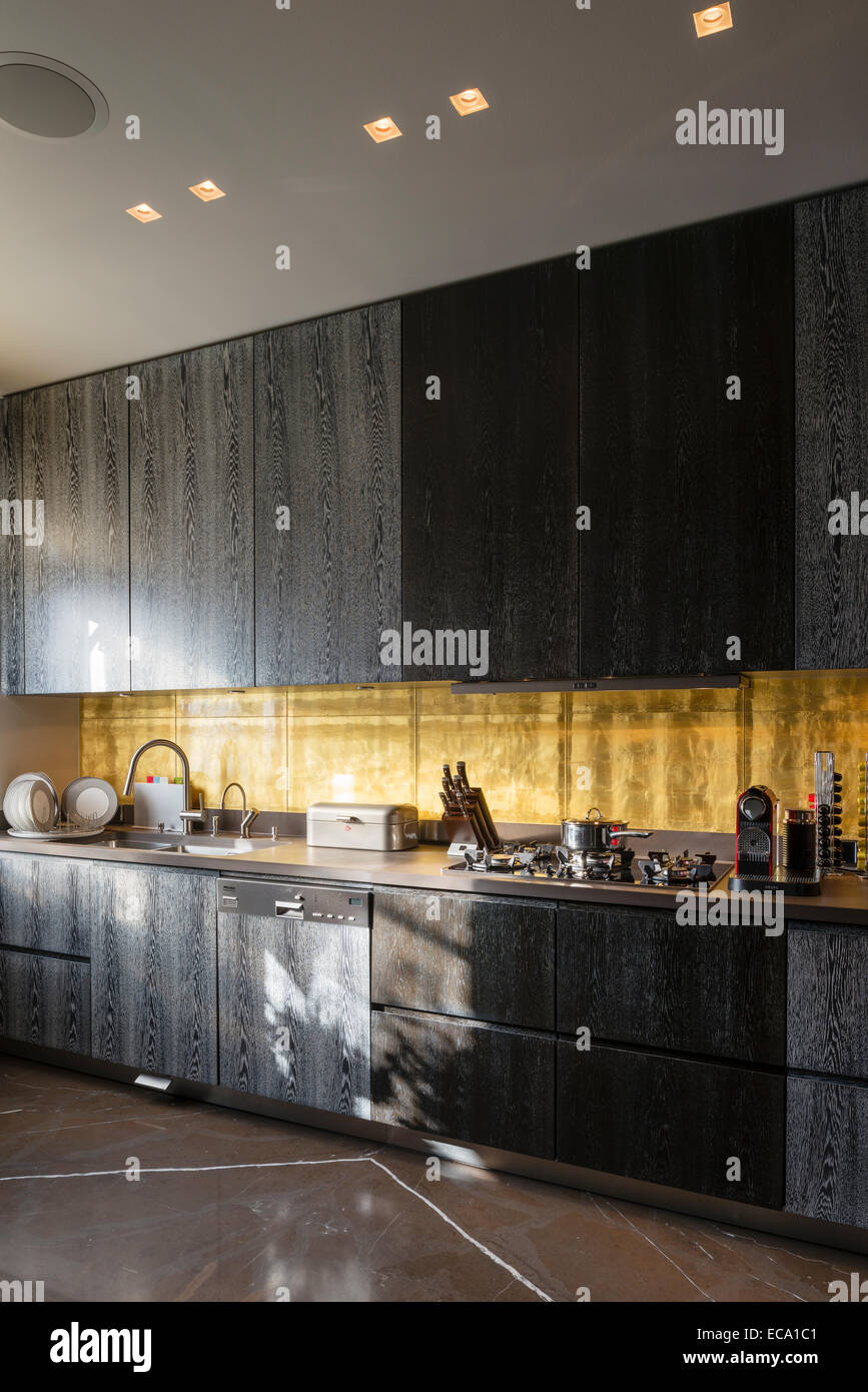 Blattgold Backsplash in Küche mit dunklen rauchigen Eiche Schränke Stockfoto