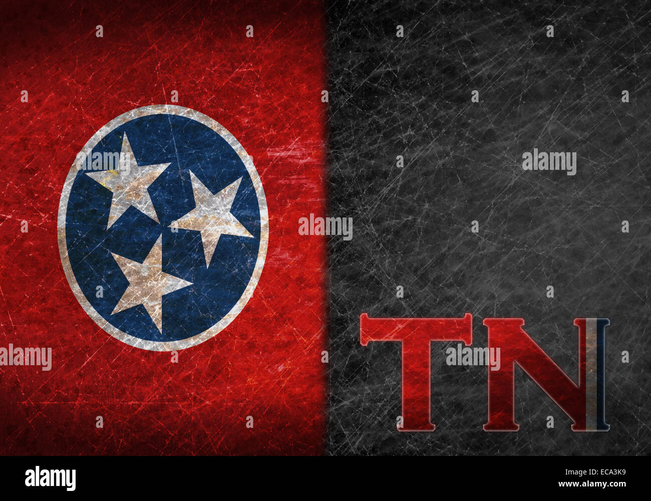 Alte rostige Blechschild mit einer Fahne und staatliche Abkürzung - Tennessee Stockfoto