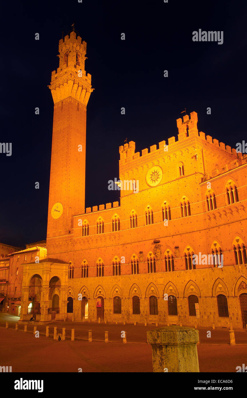 Torre del Mangia Turm in der Nacht, Piazza del Campo entfernt, Siena, Toskana, Italien, Europa Stockfoto